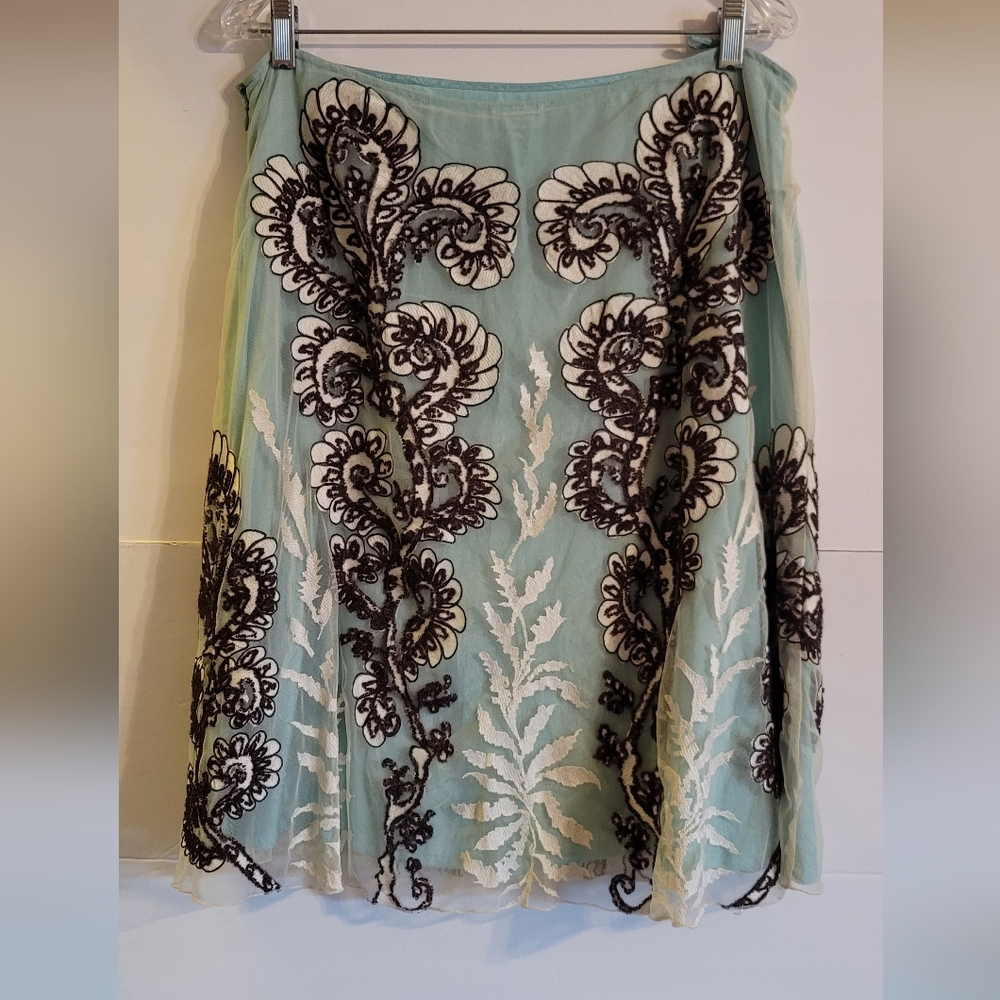 ANTHROPOLOGIE embellished skirt, Teal/Brown/White, Size 12